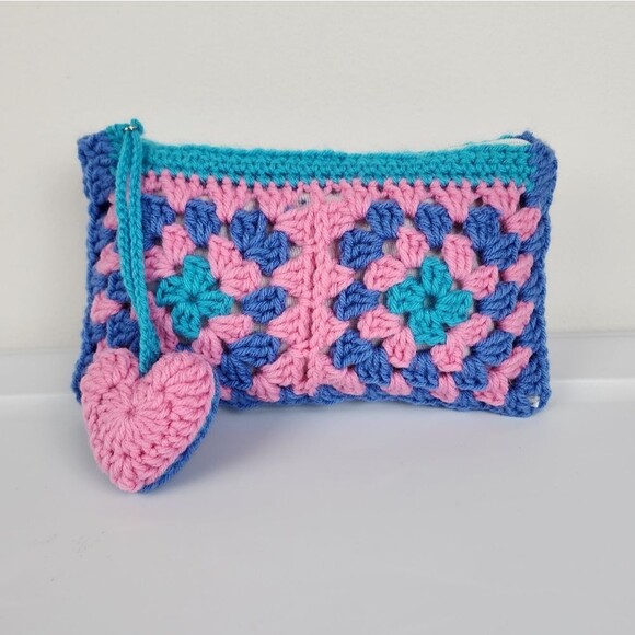 handmade by myself Handbags - New Handcrafted Crochet Clutch Blue Pink Teal Case Granny Heart Crochet Charm